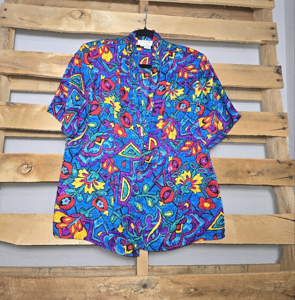 Vintage Vibrant Blue Abstract 100% Silk Shirt Size:4